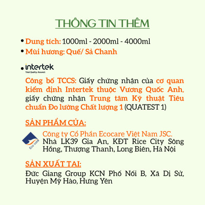 Nước lau sàn Hữu cơ Ecocare đuổi muỗi tinh dầu Quế 4000ml
