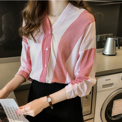Áo kiểu nữ, áo đũi nữ tay lỡ cổ V phối màu nhẹ nhàng Ale12