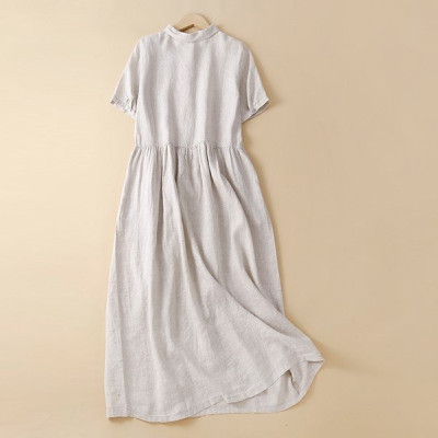 Đầm Linen suông nữ cổ sen mềm mại thiết kế tay ngắn phối cúc đơn giản da158