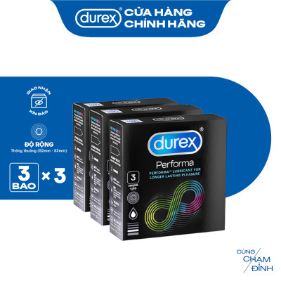 Bộ 3 hộp bao cao su Durex Performa kéo dài thời gian, size 52mm, 3 bao/hộp