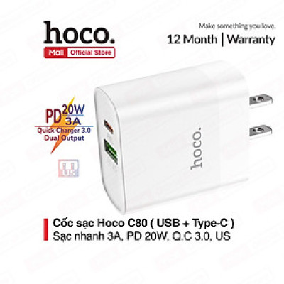 Củ Sạc Nhanh Cho Iphone Hoco C80 - Hỗ trợ sạc nhanh 20W PD QC3.0 - Hàng Chính Hãng