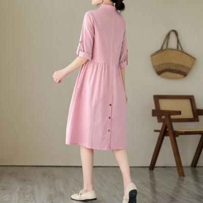 Đầm sơ mi suông dáng xòe thiết kế tay sắn phối 2 túi sườn trẻ trung vải Linen mềm mại