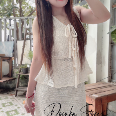Set len váy dài cột nơ siêu hot