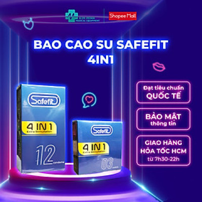 Bao cao su Safefit 4in1 gân gai, cổ thắt BCS kéo dài thời gian gai li ti hộp 3 chiếc, 12 chiếc