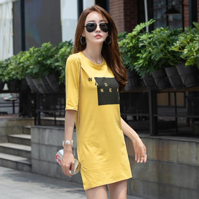 Đầm thun suông xẻ tà in chữ 105