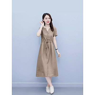 Váy nữ phong cách hàn quốc, chất linen bột mịn cao cấp, váy suông cổ tàu, có dây rút eo
