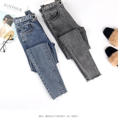 Quần jeans màu xám khói nữ co giãn bó sát chín tất bé gái
