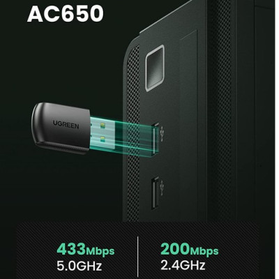 Thiết bị USB nhận wifi màu đen Ugreen 20204 Ac650 11Ac Dual-Band CM448 - HÀNG CHÍNH HÃNG