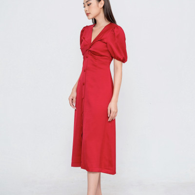 De Leah - Đầm ôm midi xoắn nơ ngực đỏ