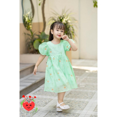 Đầm babydoll hoa cho bé gái tay phồng phong cách Hàn Quốc từ 12-35kg chất vải tơ mềm mát