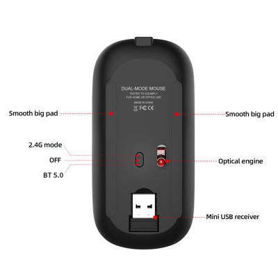 Chuột quang BT5.0 2.4G không dây chế độ kép HXSJ M90 có thể sạc lại công thái học 1600DPI 