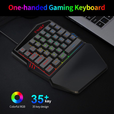 Bàn phím chơi game một tay có dây T-WOLF T17 35 Phím Đèn nền RGB đầy màu sắc thiết kế tiện dụng