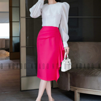 Set áo voan trắng váy hồng sen NGADO , set áo kèm chân váy , set áo váy Nữ