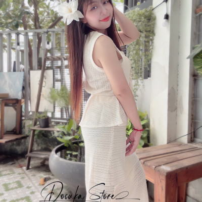 Set len váy dài cột nơ siêu hot