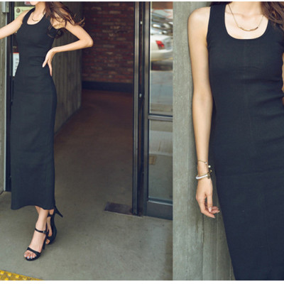 Đầm maxi thun đen ôm body,Váy thun zip body cổ tròn sát nách chất cotton co giãn 4 chiều Haint Boutique Db04