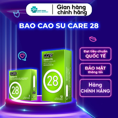 Bao cao su mỏng trơn truyền thống CARE 28, nhiều gel bôi trơn, kéo dài thời gian, hương vani, hộp 3, 12 chiếc