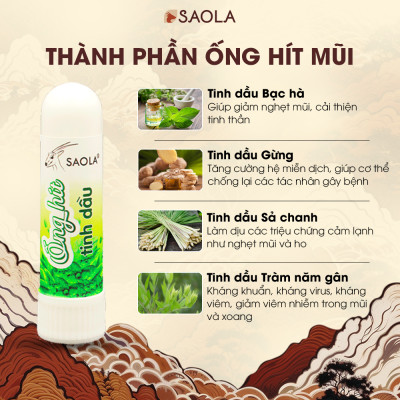 Ống hít tinh dầu thiên nhiên SAOLA - Ống Hít Thảo Dược Huế, Giảm Nghẹt Mũi, Nhức Đầu, Say Tàu Xe - Hàng Chính Hãng