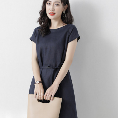 Đầm đũi nữ dáng suông cổ tròn ngắn tay, eo có dây thắt thiết kế đơn giản trẻ trung Haint Boutique