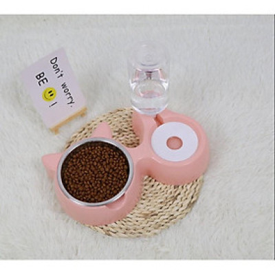 Bát ăn đôi hình tai mèo lõi inox kèm bình nước tự động cho chó mèo