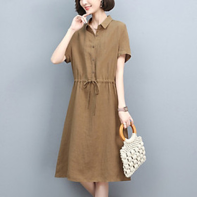 Đầm linen nữ cổ sơ mi ngắn tay kèm dây thát eo, thời trang công sở cho nữ đi làm Haint Boutique