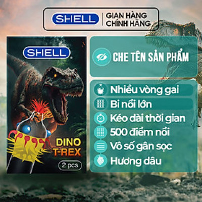 Bao cao su Shell Dino T-rex - 1 bao nhiều vòng gai, bi nổi lớn + 1 bao Shell Performax (Hộp 2 cái) | SHELL CHÍNH HÃNG