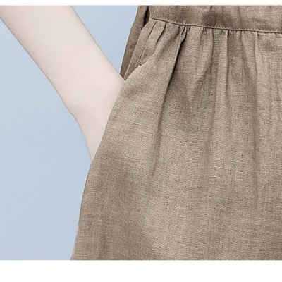 Đầm suông nữ vải Linen rút eo cổ V tay ngắn da218