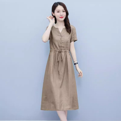 Đầm suông nữ vải Linen rút eo cổ V tay ngắn da218