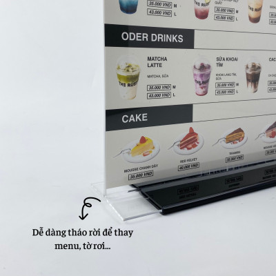 Kệ menu nhà hàng, Standee mica để bàn, Bảng quét mã QR Code, Kệ mica 2 mặt Enter E06-U 210x300mm đế lùa uốn bằng