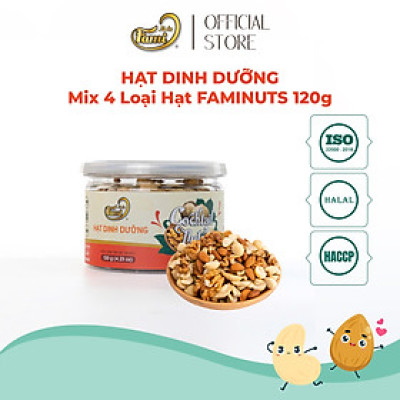 Mix 4 Hạt Dinh Dưỡng Nhập Khẩu(Nhân Óc Chó Mỹ + Hạnh Nhân Mỹ + Macca Úc + Hạt Điều A+ ) - Hũ Nắp Nhôm 120g - Hạt Dinh Dưỡng Cao Cấp FAMINUTS