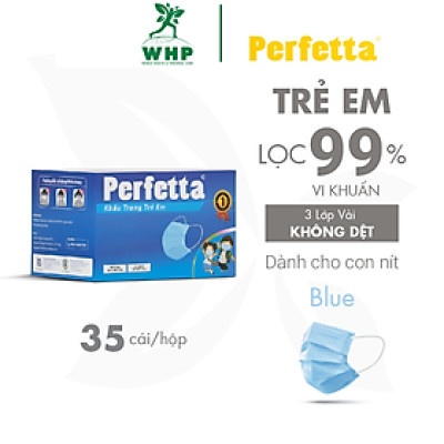 [1 Hộp - PERFETTA CHILDREN] - Khẩu Trang Y Tế Trẻ Em Chất Lượng Cao, Kháng Khuẩn, Chống Bụi Mịn, Màu Xanh, 3 Lớp, Bảo Vệ Tối Ưu, Đóng Gói Từng Cái - (35 cái/hộp)