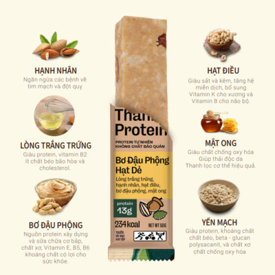 BANU - THANH PROTEIN - BƠ HẠT DẺ ĐẬU PHỘNG - HỘP (10 THANH)