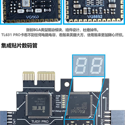 ROGTZ - Card Phân Tích Chẩn Đoán Lỗi Bàn Phím PC Laptop TL631 PRO 130 nanometer actel ProASIC3 flash memory series Module dạng BGA LED hiển thị thông tin CPU RAM VGA Tương thích mọi thiết bị Kết nối cổng LPC PCI PCI-E Mini PCI-E - Hàng Chính Hãng