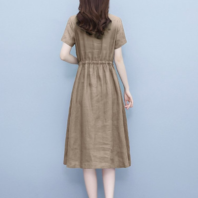 Đầm suông nữ vải Linen rút eo cổ V tay ngắn da218