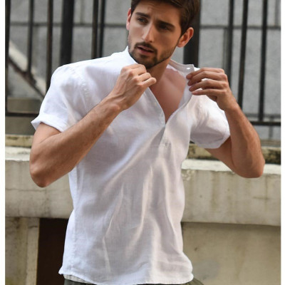 Áo sơ mi linen dành cho  nam, trơn cổ trụ, sơ mi hàn quốc Haint Boutique, form vừa