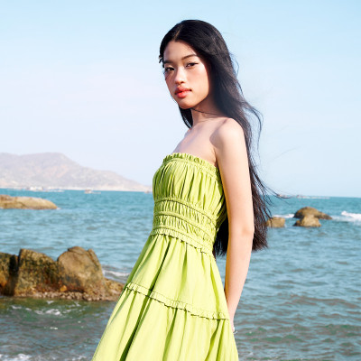 DOTTIE - Đầm ống maxi nhún eo - Xanh lá - D0597