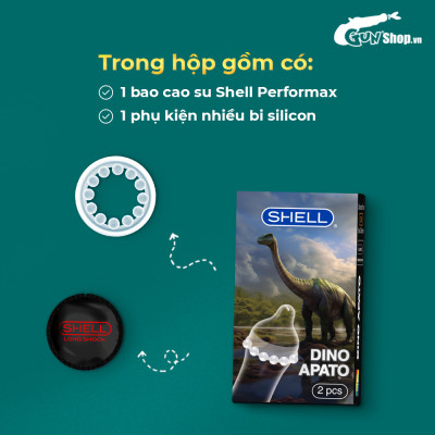 Bao cao su Shell Dino Apato - Hộp 1 phụ kiện + 1 bao Shell Performax (Hộp 2 cái)