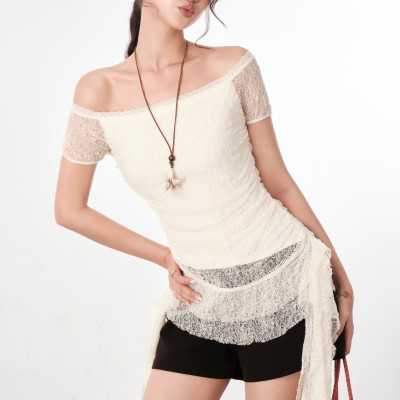 Áo trễ vai ren nhún bèo đính dây tiểu thư Cloudy Miều Est.2013