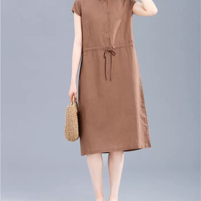 Đầm Nữ Form Suông Linen Cổ Sơ Mi Basic Tay ngắn Thoáng Mát HB70