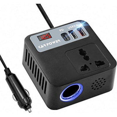 Bộ Chuyển Đổi, Biến Tần Đa Năng 12V/24V Sang 110V/220V Cho Xe hơi, Ô tô. 1 Type C - 2 cổng USB có sạc nhanh QC3.0, Bật Lửa