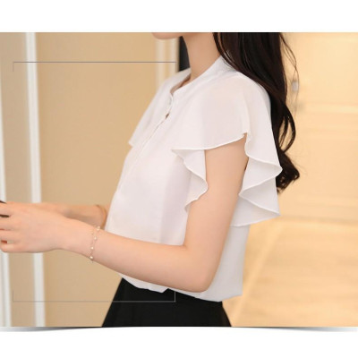 Sơ mi nữ màu trắng, áo cổ tàu tay cánh tiên S19