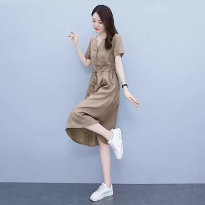 Đầm suông nữ vải Linen rút eo cổ V tay ngắn da218