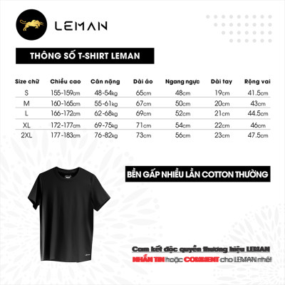 Áo thun nam T-Shirt Leman Cotton Compact màu đen Regular Form