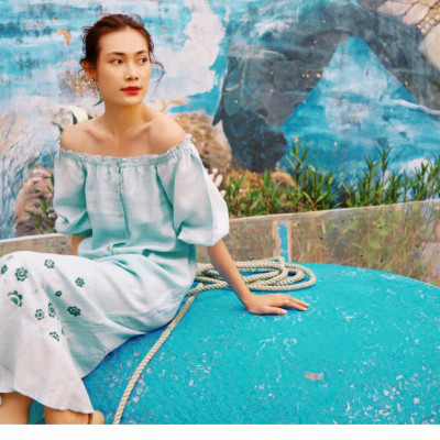 Đầm Midi Linen Thêu Tay Hạ Vy Dre210 thời trang thiết kế Hity