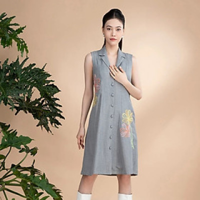 Đầm xô lụa xám thêu, cổ đan tông La Mộc LM022427V