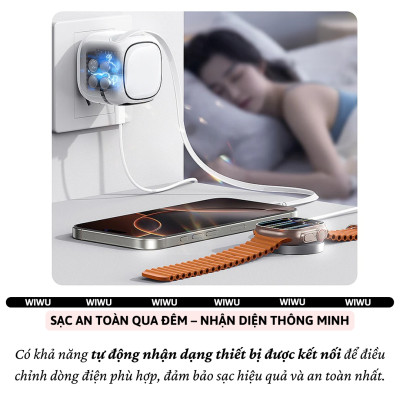 Adapter cóc củ sạc nhanh 65W PD USB C kèm dây sạc Type-C PPS chống cháy hiệu WIWU Robot Fast Charger cho iPhone iPad Oppo Samsung  - Trang bị chip AI thông mình tự động điều chỉnh dòng điện, bảo vệ quá sạc - Hàng nhập khẩu