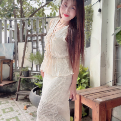 Set len váy dài cột nơ siêu hot