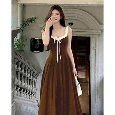 Đầm maxi cổ vuông thắt  nơ phối viền sang trọng