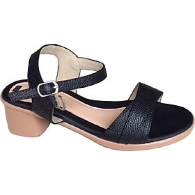 Giày xăng đan nữ quai ngang Trường Hải da bò thật màu  đen gót vuông đế PU siêu nhe  cao 5cm màu đen SDN0741 [HÌNH ẢNH THẬT]