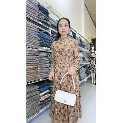 Đầm maxi cao cổ thanh lịch chun eo bản to xinh xắn.