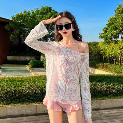 Áo ren lưới đi biển mặc khoác ngoài bikini dài tay dáng chui đầu sexy quyến rũ
